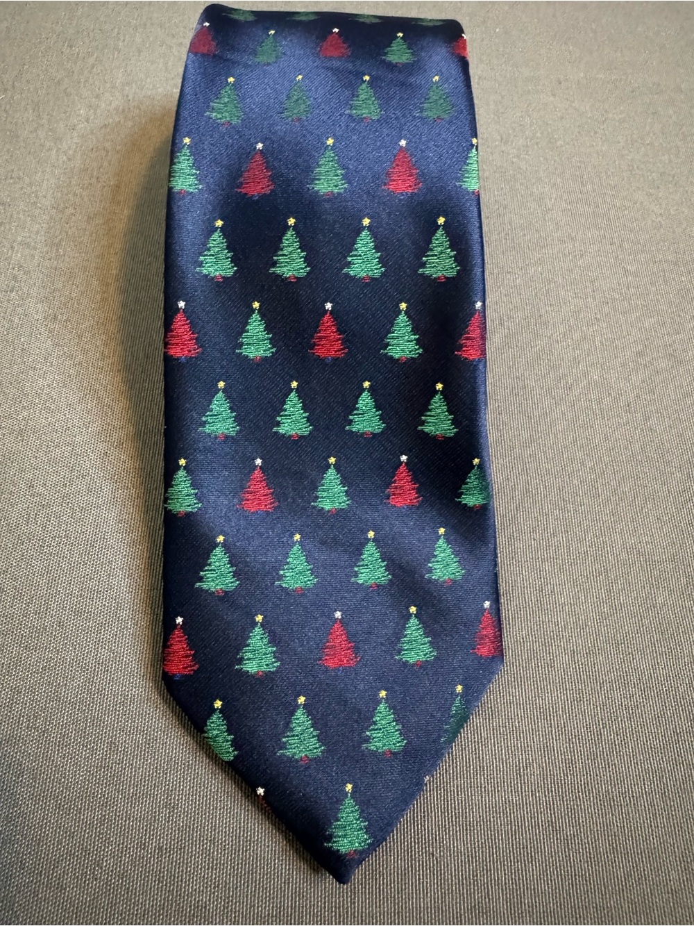 Hallmark Men's Christmas Neck Tie Navy Blue with Red & Green Christmas Trees